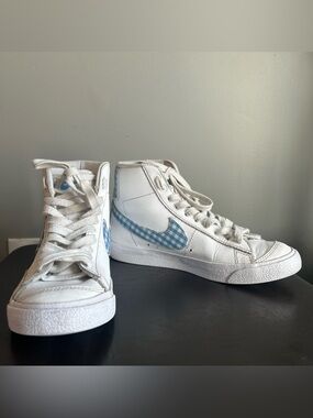 Nike Blazer Mid 77’ High-Top Sneakers with Light Blue Gingham Swoosh